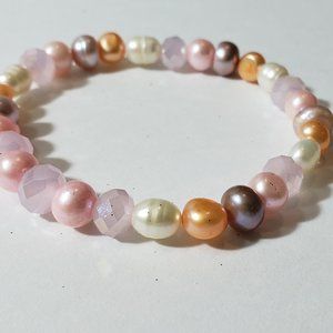Genuine Freshwater Cultured Baroque Pearls & Crystals Stretch Strand Bracelet